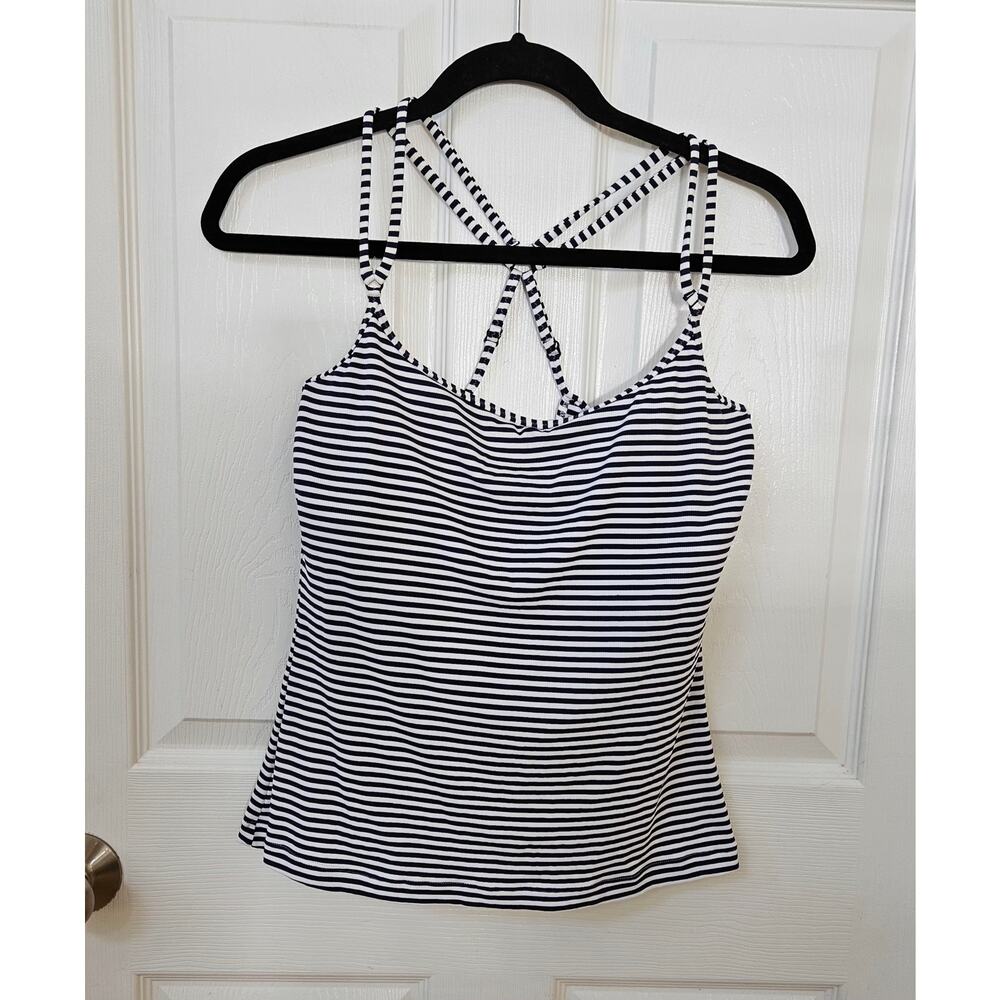 Athleta Rib Stripe Bra Sized Tankini Top 36D DD Navy White Underwire Swim